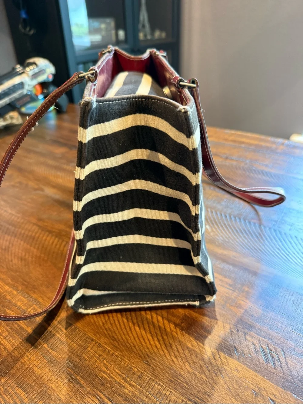 Vintage 90s Kate Spade Canvas Striped Tote Shoulder Bag Red Leather Trim